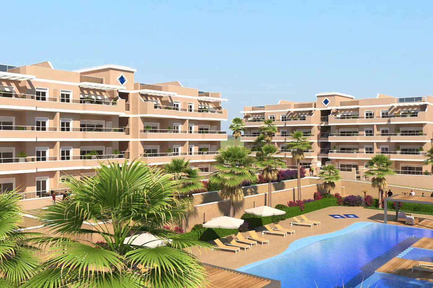 80 modern apartments in a popular location by the golf course in Villamartin!